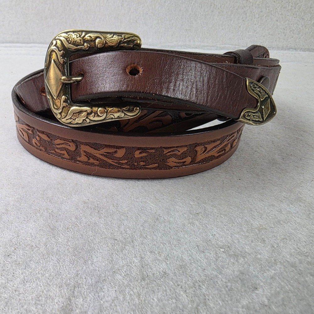Vintage Brown Hand Stained Tooled Leather Western Belt Brass Buckle Size 32